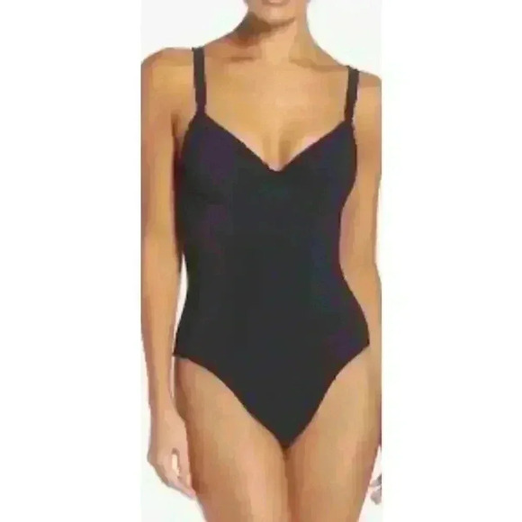 TORY BURCH ONE PIECE SOLID RUFFLE UNDER WIRE BLACK S/P SWIMSUIT / BODYSUIT - Picture 2 of 15